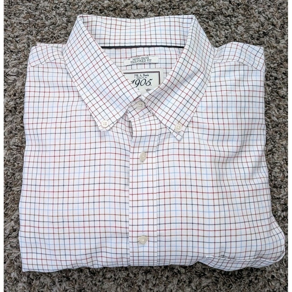 Jos. A Bank 1905 Button Up Tailored Fit Dress Shirt White Plaid‎ Sz 18-33